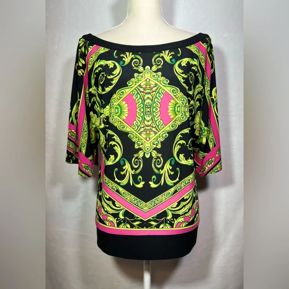 Joseph Ribkoff Baroque Blouse Size 8 Black Pink Green Boat Neck Statement Top - Picture 6 of 6